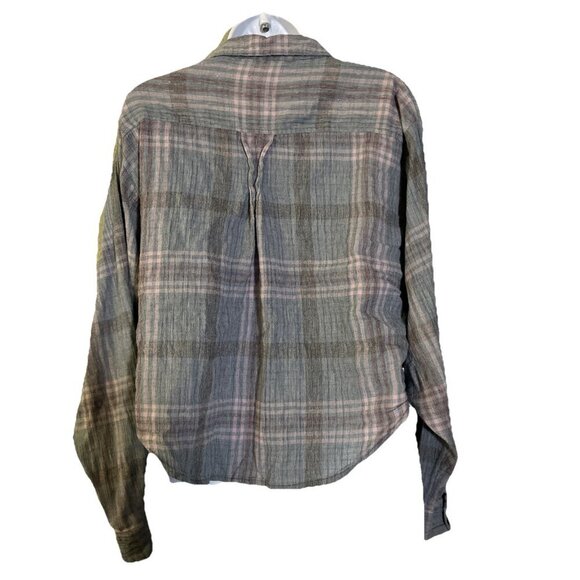 Free People Womens Muslin Guaze Plaid Button Down Shirt Size 10 Cropped Grunge - Picture 2 of 5